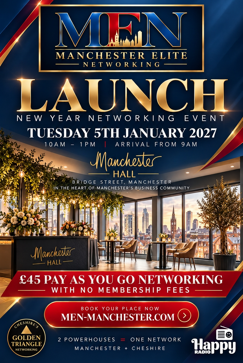 MEN New Year Launch poster — £45 pay as you go networking, Tuesday 5th January 2027, 10am to 1pm, Manchester Hall, Bridge Street